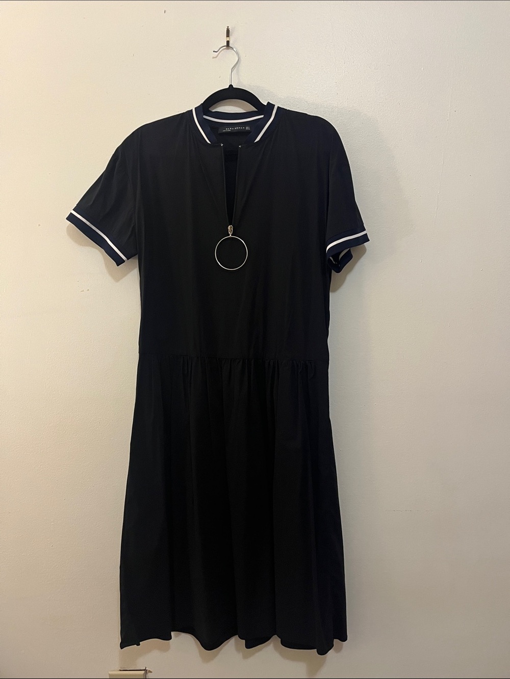 Zara navy blue Midi Dress with White Contrast Trim and Ring Zipper